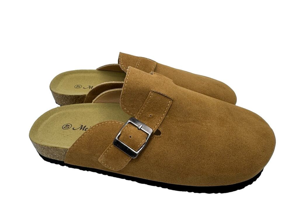 Camel Boston Clogs W8 M6 Slip On Buckle Mules NWOT Neutral Tan Suede Leather